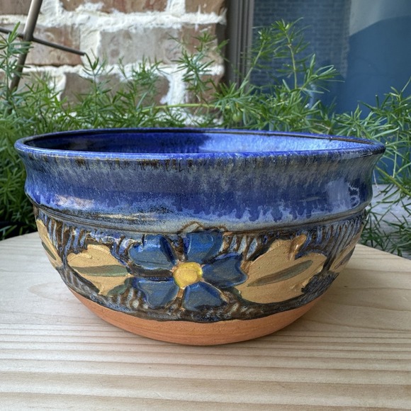Old River Run Pottery by Dawn Zaharis Other - VTG Old River Run Pottery Bowl 5 7/8" Blue Floral Leaves Motif Signed Zaharis